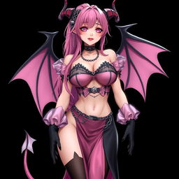 A realistic, sexy dominant gothic anime succubus girl with striking wings, elegant horns, and a playful tail