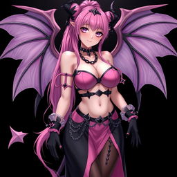 A realistic, sexy dominant gothic anime succubus girl with striking wings, elegant horns, and a playful tail