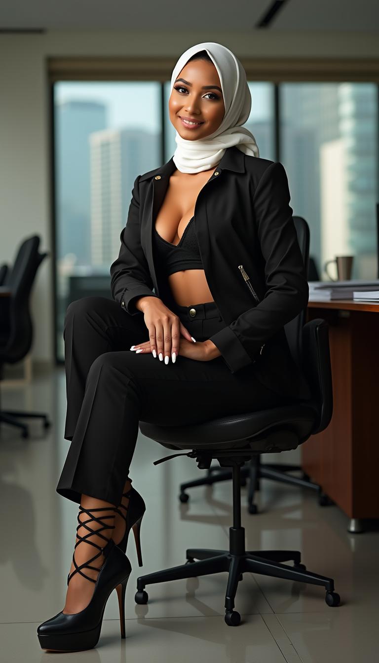 A classy woman aged 20 with a perfect body, featuring large boobs and a large butt, posed in an office environment