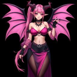 A realistic, sexy dominant gothic anime succubus girl featuring striking wings, elegant horns, and a playful tail