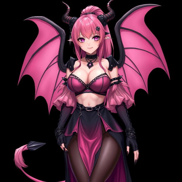 A realistic, sexy dominant gothic anime succubus girl featuring striking wings, elegant horns, and a playful tail