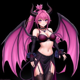 A realistic, sexy dominant gothic anime succubus girl featuring striking wings, elegant horns, and a playful tail