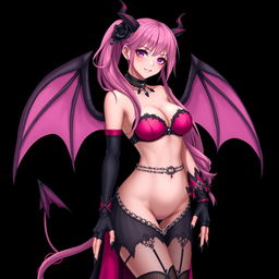 A realistic, sexy dominant gothic anime succubus girl featuring striking wings, elegant horns, and a playful tail