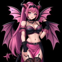 A realistic, sexy dominant gothic anime succubus girl featuring stunning wings, elegant horns, and a playful tail