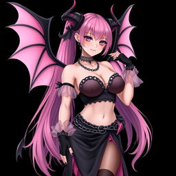 A realistic, sexy dominant gothic anime succubus girl featuring stunning wings, elegant horns, and a playful tail