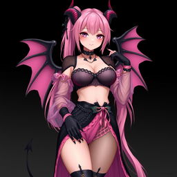 A realistic, sexy dominant gothic anime succubus girl featuring stunning wings, elegant horns, and a playful tail