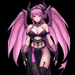 A realistic, sexy dominant gothic anime succubus girl featuring stunning wings, elegant horns, and a playful tail