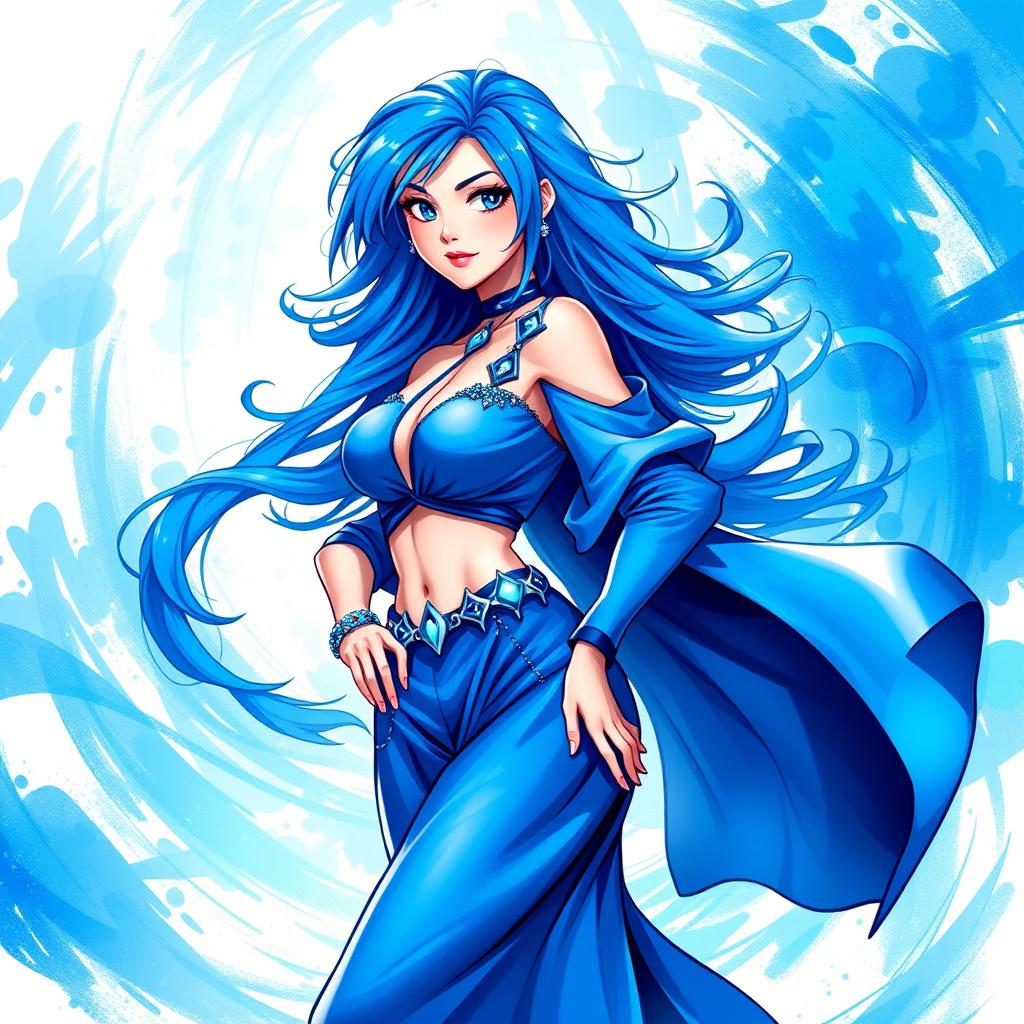 A beautiful female figure named Blue Mary, featuring vibrant blue hair and striking blue attire that flows elegantly