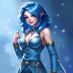 A captivating female character named Blue Mary, characterized by her stunning blue hair and a fashionable blue outfit that seamlessly blends modern and fantasy elements