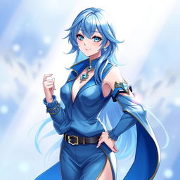 A captivating female character named Blue Mary, characterized by her stunning blue hair and a fashionable blue outfit that seamlessly blends modern and fantasy elements