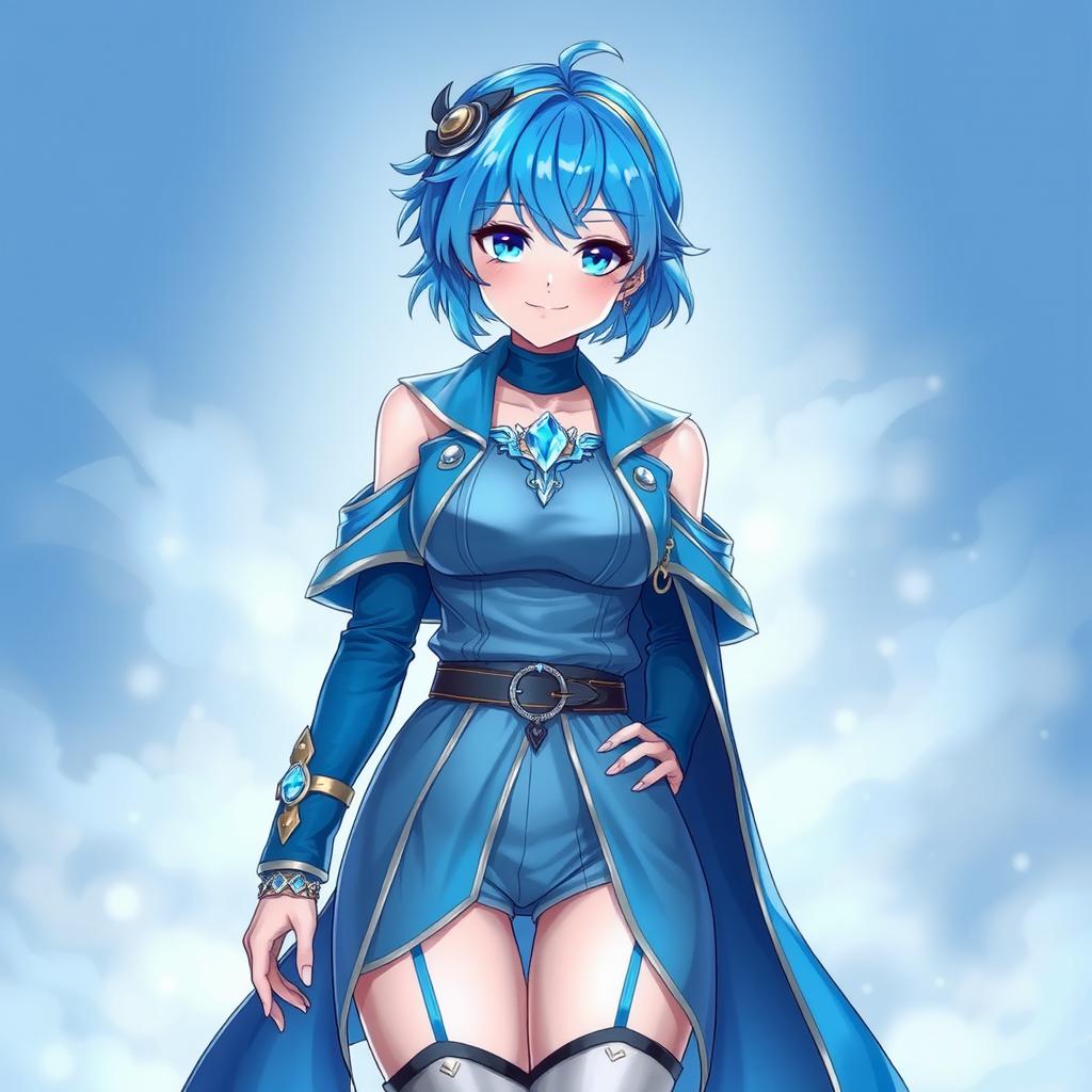 A captivating female character named Blue Mary, characterized by her stunning blue hair and a fashionable blue outfit that seamlessly blends modern and fantasy elements