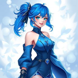 A captivating female character named Blue Mary, characterized by her stunning blue hair and a fashionable blue outfit that seamlessly blends modern and fantasy elements