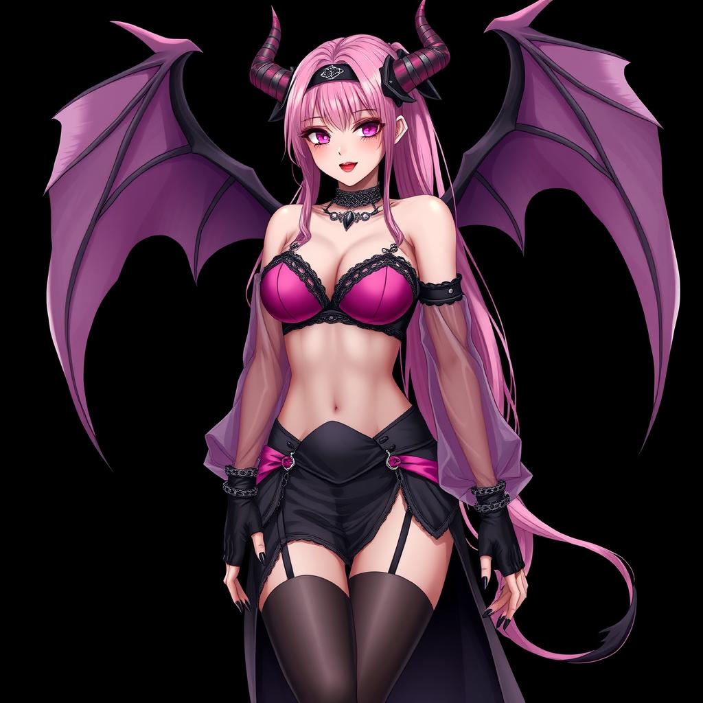 A realistic, sexy dominant gothic anime succubus girl featuring striking wings, elegant horns, and a playful tail