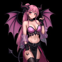 A realistic, sexy dominant gothic anime succubus girl featuring striking wings, elegant horns, and a playful tail