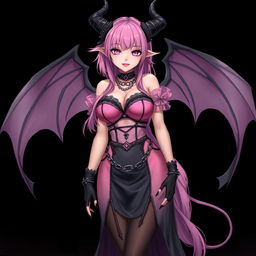 A realistic, sexy dominant gothic anime succubus girl featuring striking wings, elegant horns, and a playful tail