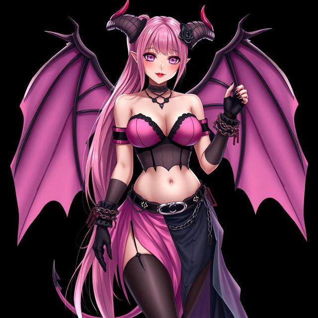 A realistic, sexy dominant gothic anime succubus girl featuring striking wings, elegant horns, and a playful tail