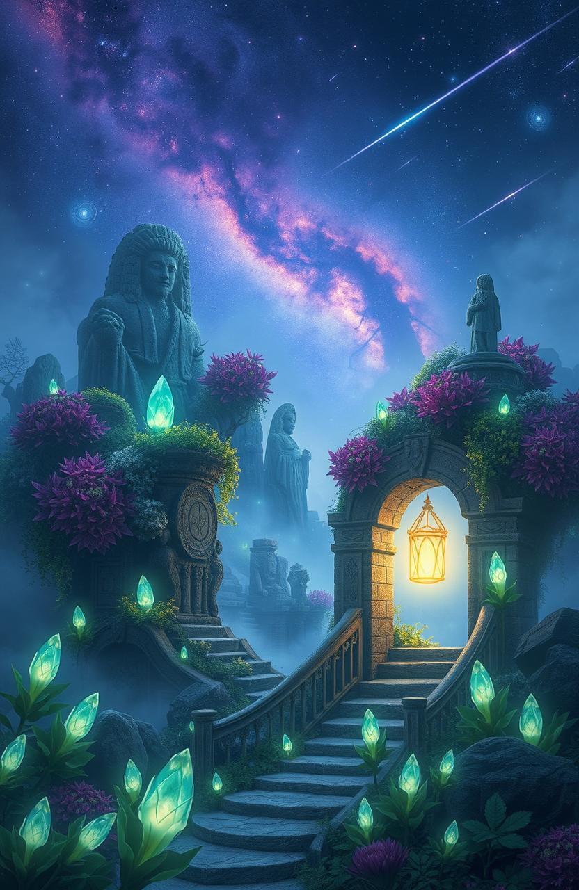 A mystical, ethereal landscape known as the Forgotten Realm, featuring ancient ruins covered in vibrant, mystical flora and glowing crystals