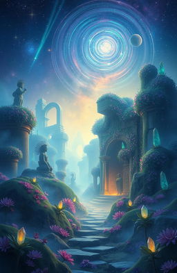 A mystical, ethereal landscape known as the Forgotten Realm, featuring ancient ruins covered in vibrant, mystical flora and glowing crystals