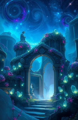 A mystical, ethereal landscape known as the Forgotten Realm, featuring ancient ruins covered in vibrant, mystical flora and glowing crystals