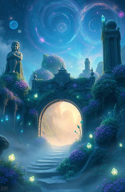 A mystical, ethereal landscape known as the Forgotten Realm, featuring ancient ruins covered in vibrant, mystical flora and glowing crystals