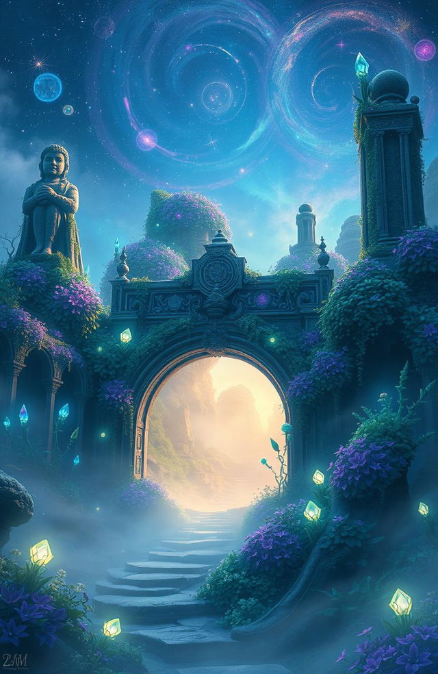 A mystical, ethereal landscape known as the Forgotten Realm, featuring ancient ruins covered in vibrant, mystical flora and glowing crystals