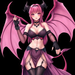 A realistic, sexy dominant gothic anime succubus girl showcasing stunning wings, elegant horns, and a playful tail