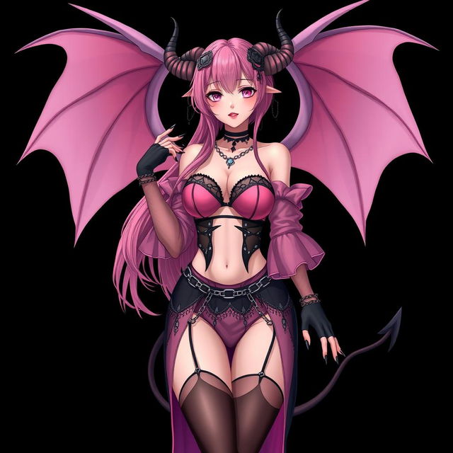 A realistic, sexy dominant gothic anime succubus girl showcasing stunning wings, elegant horns, and a playful tail