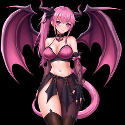 A realistic, sexy dominant gothic anime succubus girl showcasing stunning wings, elegant horns, and a playful tail