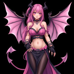 A realistic, sexy dominant gothic anime succubus girl showcasing stunning wings, elegant horns, and a playful tail