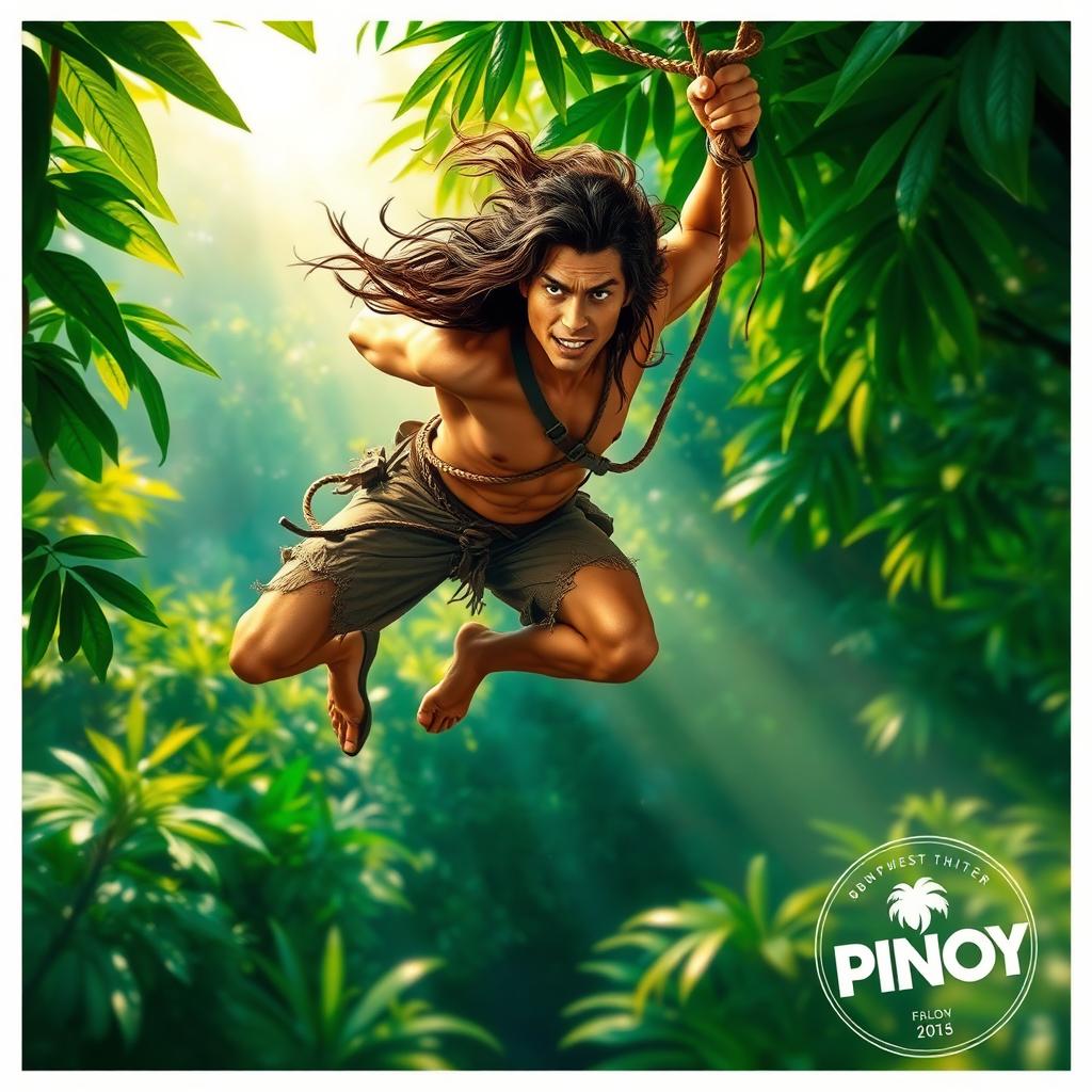A Tarzan-like figure swinging through a vibrant jungle on a vine, with long flowing hair and a heroic stance