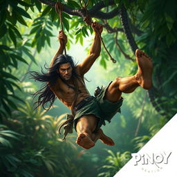 A Tarzan-like figure swinging through a vibrant jungle on a vine, with long flowing hair and a heroic stance