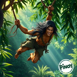 A Tarzan-like figure swinging through a vibrant jungle on a vine, with long flowing hair and a heroic stance