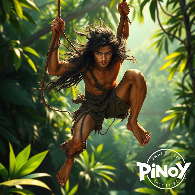 A Tarzan-like figure swinging through a vibrant jungle on a vine, with long flowing hair and a heroic stance