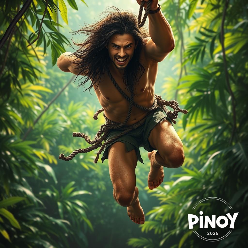 A Tarzan-like man with long hair swinging energetically through a lush jungle on a vine, appearing dynamic and full of motion
