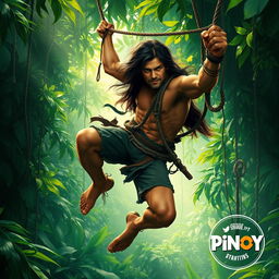 A Tarzan-like man with long hair swinging energetically through a lush jungle on a vine, appearing dynamic and full of motion