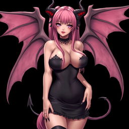 A realistic, sexy dominant gothic anime succubus girl featuring striking wings, elegant horns, and a playful tail