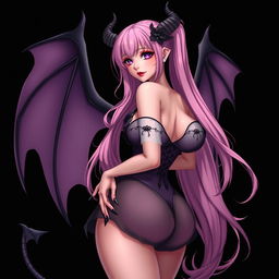 A realistic, sexy dominant gothic anime succubus girl featuring striking wings, elegant horns, and a playful tail
