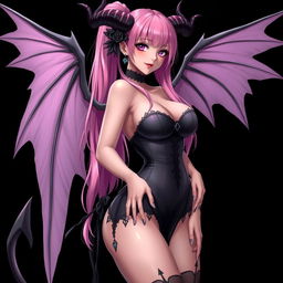 A realistic, sexy dominant gothic anime succubus girl featuring striking wings, elegant horns, and a playful tail