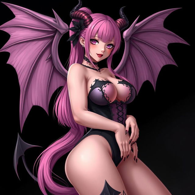 A realistic, sexy dominant gothic anime succubus girl featuring striking wings, elegant horns, and a playful tail