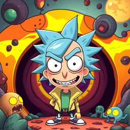 A character inspired by Jay Jay depicted in the animated style of 'Rick and Morty', featuring exaggerated facial expressions, vibrant colors, and a wacky sci-fi background