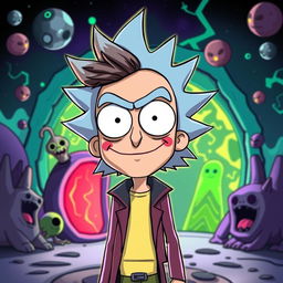 A character inspired by Jay Jay depicted in the animated style of 'Rick and Morty', featuring exaggerated facial expressions, vibrant colors, and a wacky sci-fi background