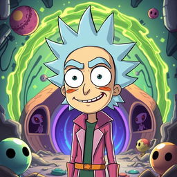 A character inspired by Jay Jay depicted in the animated style of 'Rick and Morty', featuring exaggerated facial expressions, vibrant colors, and a wacky sci-fi background