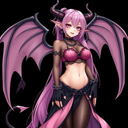 A realistic, sexy dominant gothic anime succubus girl featuring majestic wings, elegant horns, and a teasing tail