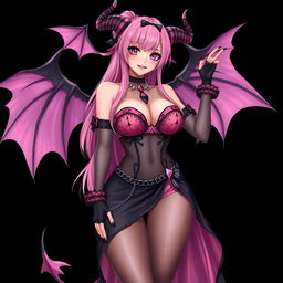 A realistic, sexy dominant gothic anime succubus girl featuring majestic wings, elegant horns, and a teasing tail