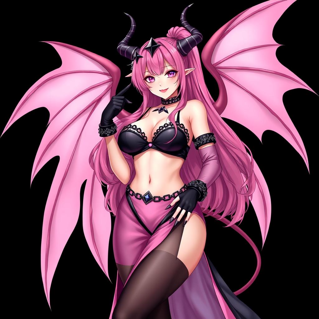 A realistic, sexy dominant gothic anime succubus girl featuring majestic wings, elegant horns, and a teasing tail