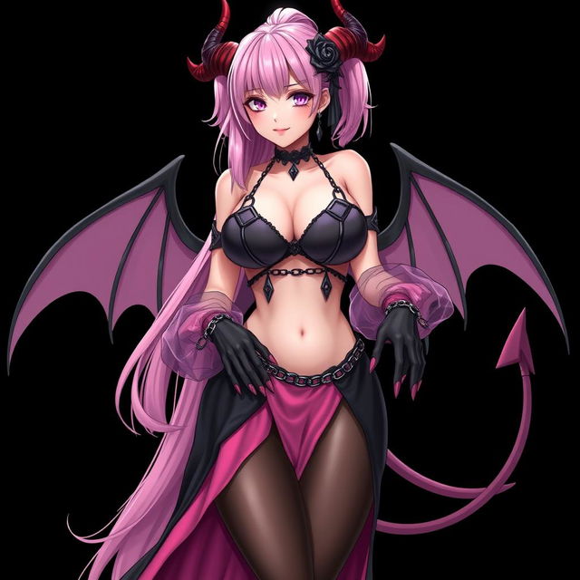 A realistic, sexy dominant gothic anime succubus girl featuring majestic wings, elegant horns, and a teasing tail