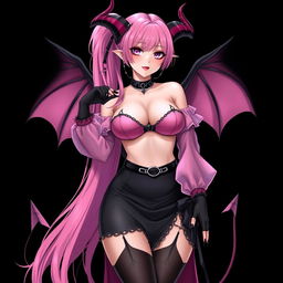 A realistic, sexy dominant gothic anime succubus girl featuring impressive wings, elegant horns, and a playful tail
