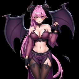 A realistic, sexy dominant gothic anime succubus girl featuring impressive wings, elegant horns, and a playful tail