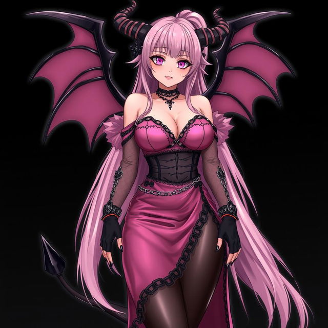 A realistic, sexy dominant gothic anime succubus girl featuring impressive wings, elegant horns, and a playful tail