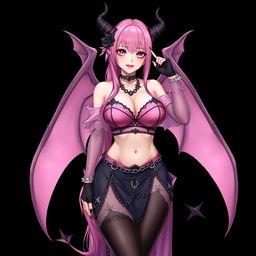 A realistic, sexy dominant gothic anime succubus girl featuring impressive wings, elegant horns, and a playful tail
